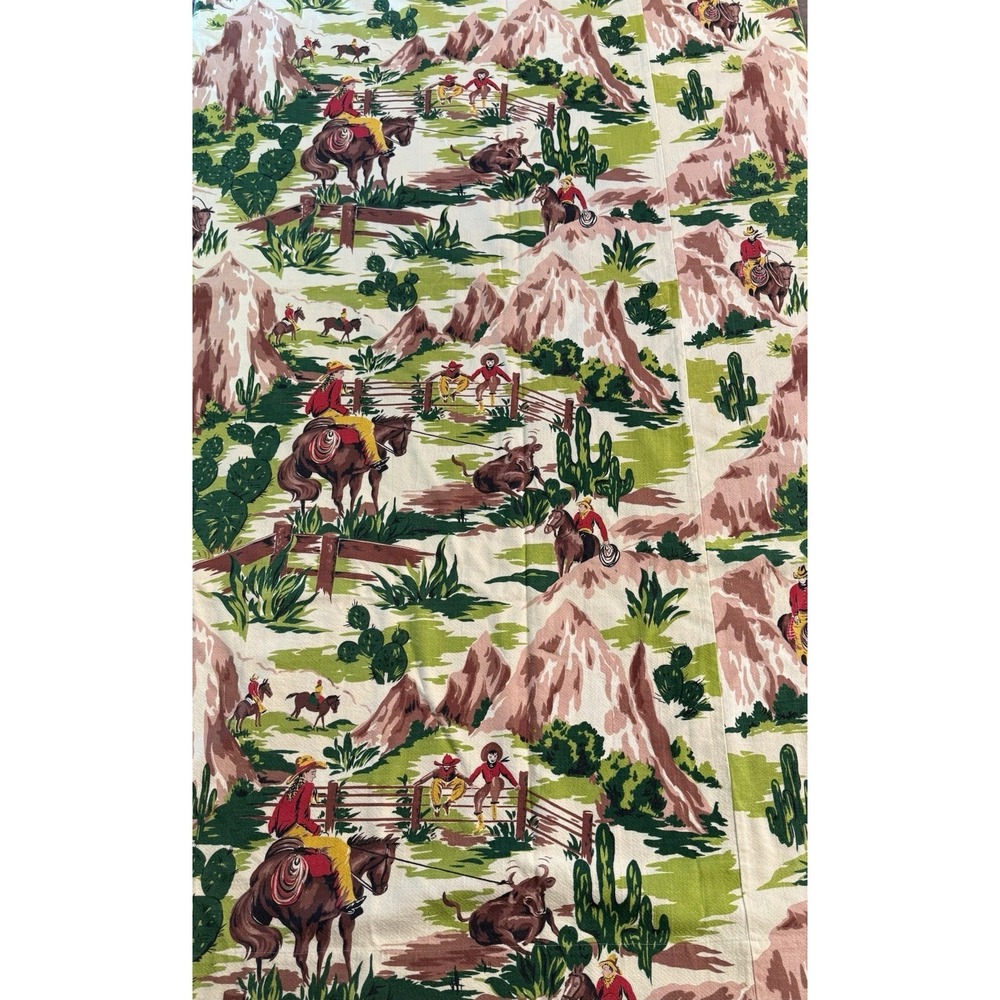 VTG Western Rodeo Horses Barkcloth Curtain Cowboys Cactus 73" x 101" Green 1950s